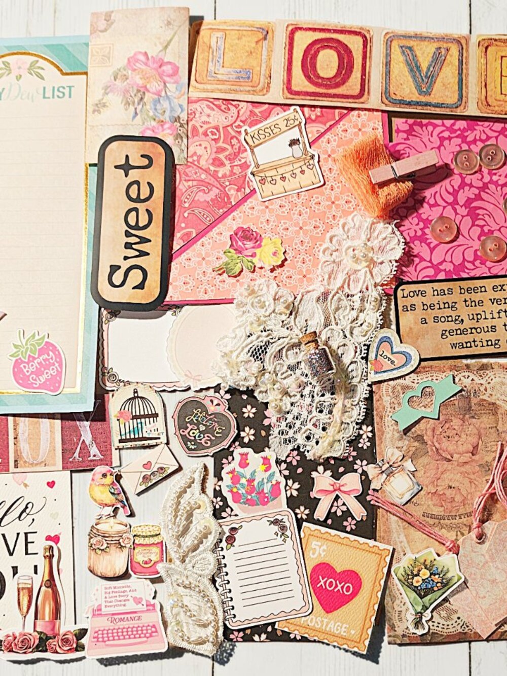 Sweet Love Theme Papercraft Ephemera Kit, Scrapbook Stickers, Junk Journal Kit
